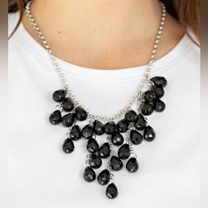 Set!! Silver tone chain with Black multi tiered drop beads